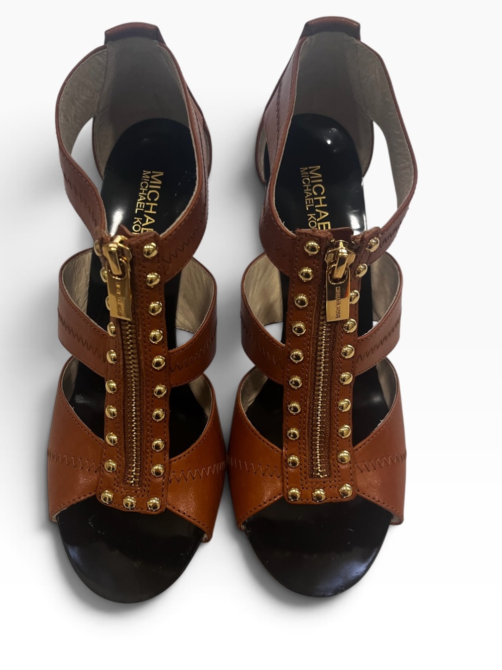 Michael Kors Brown Leather Studded Zip Front Heels Size 8.5